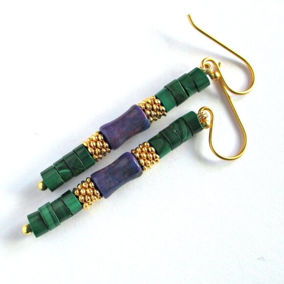 Natural Malachite Kingman Purple Turquoise Earrings Gold Vermeil Sterling Silver - Picture 3 of 6